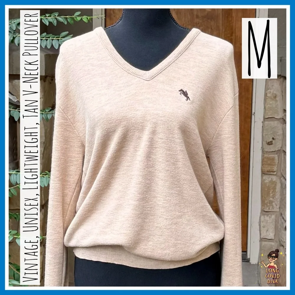 š¤Vintage, Unisex, Lightweight, Tan V-Neck Pullover, Sweater/Medium - Picture 1 of 7